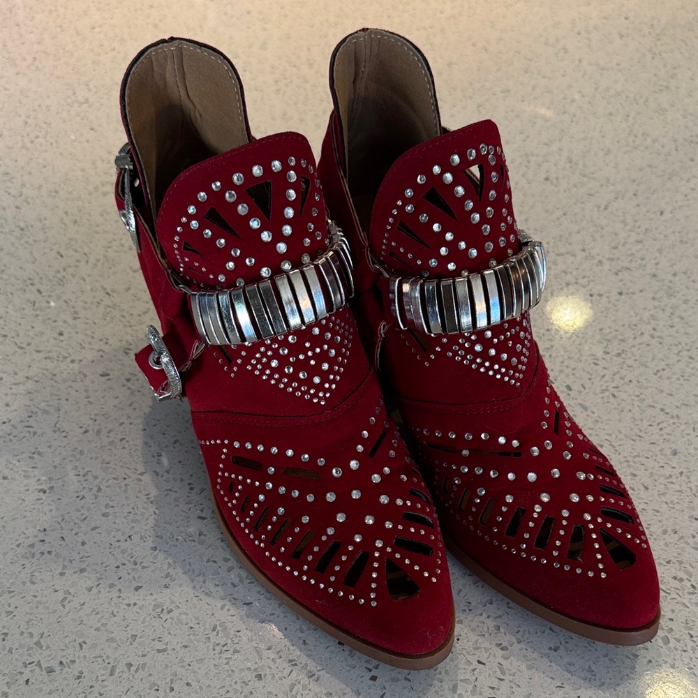 Red Studded Western Cutout Booties w/ Silver Buckle Detailing – Worn Once